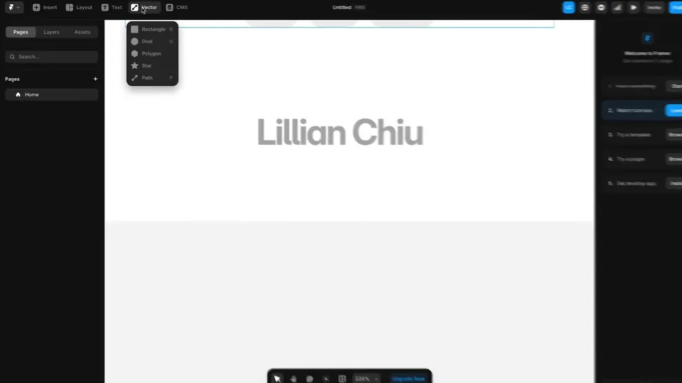 Lillian Chiu builds a page with her name on it in the Framer editor, in a video about data analysis with ChatGPT, July 2025